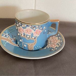 Vintage Floral Blue Ceramic Cup and Saucer Set